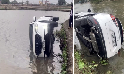 Ảnh TNGT: Mazda CX-8 15K 20228 sụp chân xuống ao vì tài xế bất cẩn